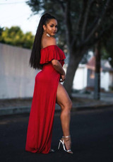 Red Ruffle Lace-up Front Slit Off Shoulder High Waisted Fashion Jumpsuit Pants