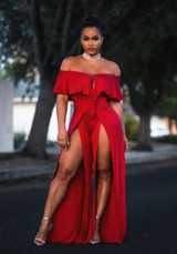 Red Ruffle Lace-up Front Slit Off Shoulder High Waisted Fashion Jumpsuit Pants