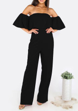 Black Bandeau Zippe Ruffle Backless Off Shoulder Wide Leg Long Jumpsuit