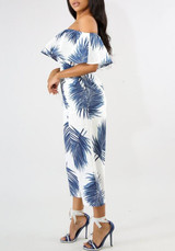 White Leaves Print Ruffle Off Shoulder Backless One Piece Wide Leg Long Jumpsuit