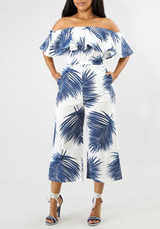 White Leaves Print Ruffle Off Shoulder Backless One Piece Wide Leg Long Jumpsuit