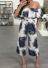 White Leaves Print Ruffle Off Shoulder Backless One Piece Wide Leg Long Jumpsuit