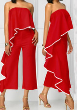Red Ruffle Falbala Off Shoulder Backless Party Wide Leg Nine's Jumpsuit