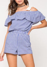 Blue-White Striped Ruffle Off Shoulder Backless Lace-up High Waisted Sweet Short Jumpsuit