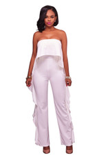 White Bandeau Ruffle Zipper Backless Off Shoulder Fashion Long Jumpsuit