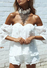White Appliques Drawstring Off Shoulder Two Piece Short Jumpsuit