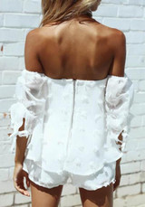 White Appliques Drawstring Off Shoulder Two Piece Short Jumpsuit