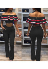Black Striped Ruffle Off Shoulder Two Piece High Waisted Long Jumpsuit