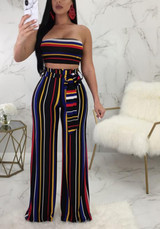 Black Striped Sashes Off Shoulder Backless Two Piece Party Wide Leg Long Jumpsuit