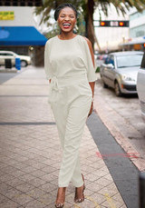 White Cut Out Sashes Zipper High Waisted Drawstring Waist Office Long Jumpsuit