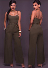 Coffee Sashes Spaghetti Strap Backless Wide Leg Casual Long Jumpsuit