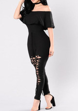 Black Lace-up Ruffle Hollow-out Off Shoulder Drawstring Waist High Waisted Long Jumpsuit