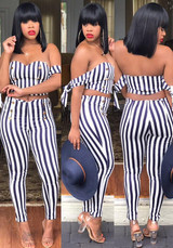 Black-White Striped Lace-up Backless Bandeau Off Shoulder Two Piece Long Jumpsuit