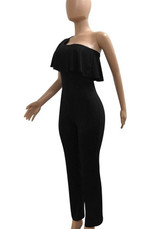 Black Asymmetric Shoulder Ruffle Off-Shoulder One Piece Long Jumpsuit