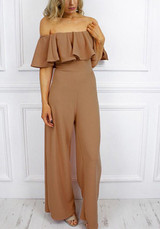 Khaki Ruffle Off Shoulder High Waisted Elegant Party Wide Leg long Jumpsuit