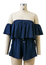 Navy Blue Ruffle Bandeau Drawstring Off Shoulder High Waisted Short Jumpsuit