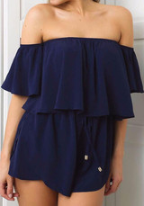 Navy Blue Ruffle Bandeau Drawstring Off Shoulder High Waisted Short Jumpsuit