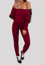 Burgundy Drawstring Off Shoulder Backless Lace-up High Waisted Long Jumpsuit