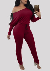 Burgundy Drawstring Off Shoulder Backless Lace-up High Waisted Long Jumpsuit