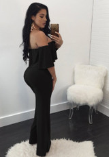 Black Sashes Ruffle Backless Off Shoulder One Piece Wide Leg Seven's Long Jumpsuit
