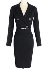 Black Plain Belt Buttons Tailored Collar Office Worker Midi Dress