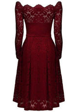 Burgundy Plain Lace Pleated Hollow-out Boat Neck Off-Shoulder Elegant Formal Midi Dress