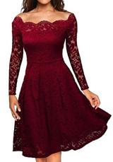 Burgundy Plain Lace Pleated Hollow-out Boat Neck Off-Shoulder Elegant Formal Midi Dress