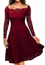 Burgundy Plain Lace Pleated Hollow-out Boat Neck Off-Shoulder Elegant Formal Midi Dress