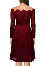 Burgundy Plain Lace Pleated Hollow-out Boat Neck Off-Shoulder Elegant Formal Midi Dress