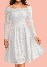 White Patchwork Lace Hollow-out Double-deck Off Shoulder Elegant Midi Dress