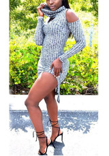 Grey Striped Cut Out Off Shoulder Homecoming Party High Side Slit Midi Dress