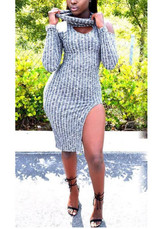 Grey Striped Cut Out Off Shoulder Homecoming Party High Side Slit Midi Dress