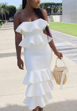 White Ruffle Bandeau Off Shoulder Backless Zipper Elegant Mermaid Party Midi Dress