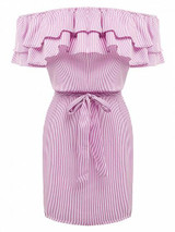 Pink Striped Off Shoulder Layered Ruffle Tie Waist Dress