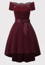 Burgundy Patchwork Lace Sashes Bow Pleated Off Shoulder Tutu Elegant Party Midi Dress