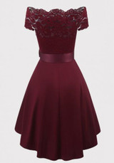 Burgundy Patchwork Lace Sashes Bow Pleated Off Shoulder Tutu Elegant Party Midi Dress