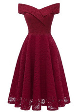 Burgundy Draped Lace Off Shoulder Backless V-neck Banquet Elegant Party Midi Dress