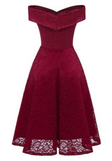 Burgundy Draped Lace Off Shoulder Backless V-neck Banquet Elegant Party Midi Dress