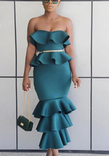 Dark Green Ruffle Bandeau Off Shoulder Backless Zipper Elegant Mermaid Party Midi Dress