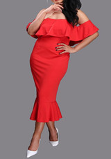 Nacarat Bandeau Ruffle Boat Neck Off Shoulder Mermaid Backless Midi Dress