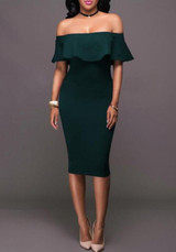 Green Ruffle Bandeau Off Shoulder Backless Short Sleeve Elegant Homecoming Party Midi Dress