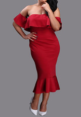 Red Bandeau Ruffle Boat Neck Off Shoulder Mermaid Backless Midi Dress Red Bandeau Ruffle Boat Neck Off Shoulder Mermaid Backless Midi Dress