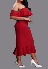 Red Bandeau Ruffle Boat Neck Off Shoulder Mermaid Backless Midi Dress Red Bandeau Ruffle Boat Neck Off Shoulder Mermaid Backless Midi Dress