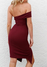 Burgundy Off Shoulder Backless Asymmetric Shoulder Slit Homecoming Party Club Bridemaids Midi Dress