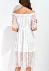 White Patchwork Embroidery Lace Print Double-deck Off Shoulder Midi Dress