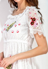 White Patchwork Embroidery Lace Print Double-deck Off Shoulder Midi Dress