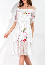 White Patchwork Embroidery Lace Print Double-deck Off Shoulder Midi Dress