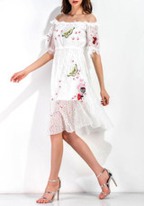 White Patchwork Embroidery Lace Print Double-deck Off Shoulder Midi Dress