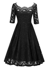 Black Patchwork Lace Pleated Off Shoulder Midi Dress