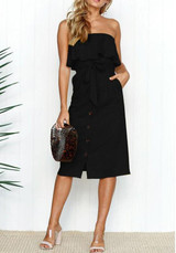 Black Pockets Sashes Buttons Ruffle Off Shoulder Backless Elegant Beach Party Midi Dress